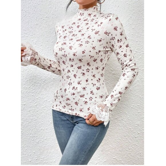 Rib Knit Ditsy Floral Print Embroidery Mesh Flare Sleeve Mock Neck Tee - Picture 2 of 9